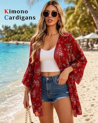 Argstar Women's 3/4 Sleeves Kimono Cardigan, Floral Print Loose Cover
