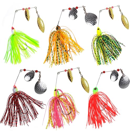 AGOOL Set of 6 Spinnerbaits for Bass & Freshwater Fishing - Weedless Lures with Dual Blades