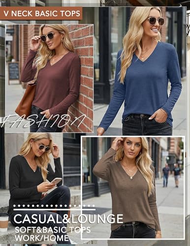 Long Sleeve V-Neck T-Shirts for Women - Casual Fall Tops, Basic Base Layer, 3 Pack
