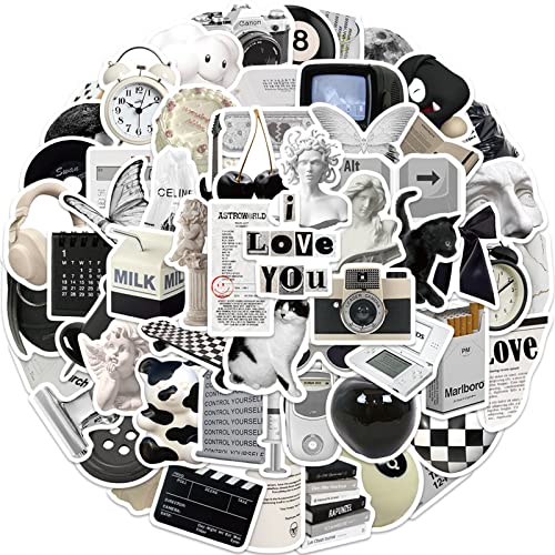 61Pcs Aesthetic Black and White Vinyl Stickers - Waterproof Laptop Decals