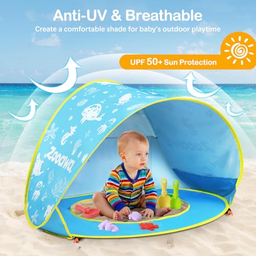 Zooawa Baby Beach Tent with Pool - Patterned Blue Sun Shade for Infants
