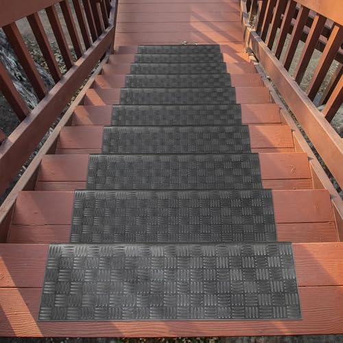 Ottomanson All-Weather Bullnose Rubber Stair Treads ? Non-Slip Step Mats for Wooden, Concrete, or Outdoor Stairs, Easy Maintenance, Tool-Free Placement, Pack of 5, 10" x 30", Black Ribbed Squares