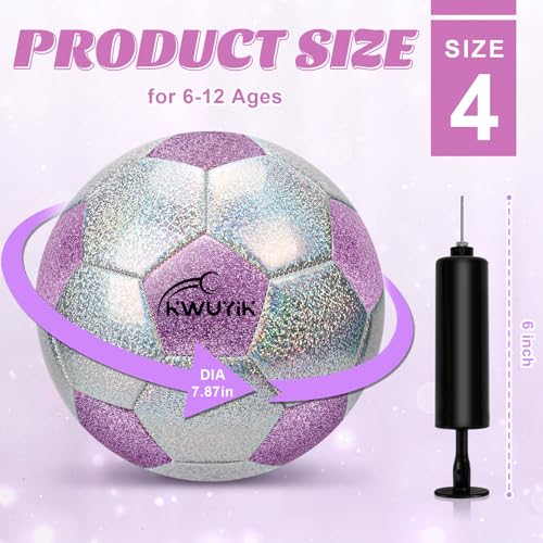 OKWUYiK Glitter Purple-Silver Soccer Ball Size 4 with Pump, ages 6-8