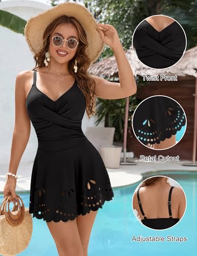 Blooming Jelly Women's Tummy Control Swimsuit - Twist Front Bathing Suit, Large Black