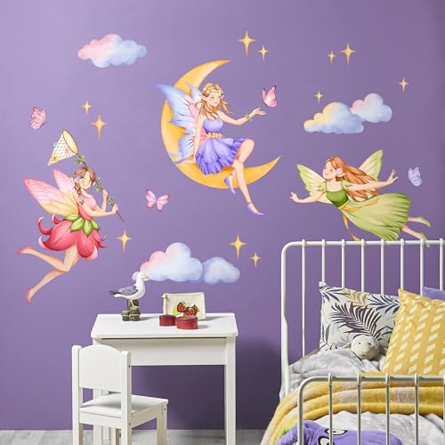 Tanlaby Fairy Wall Decals Elf Moon Clouds Wall Stickers Peel and Stick Art Decor for Girls Bedroom Baby Nursery Kids Toddler Playroom