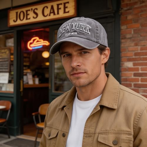 New York Embroidered Baseball Cap - Distressed Gray Dad Hat