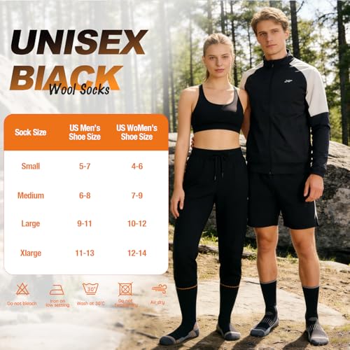 Merino Wool Hiking Socks - Lightweight Breathable Cushioned Crew Socks - Medium / Black & Grey