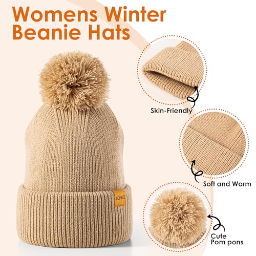 Womens Fleece-Lined Winter Beanie Hat with Pom Pom - Beige