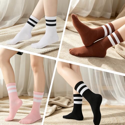 Women's Striped Crew Socks - Earthy Tone 2-Stripe, Cotton, 12 Pairs