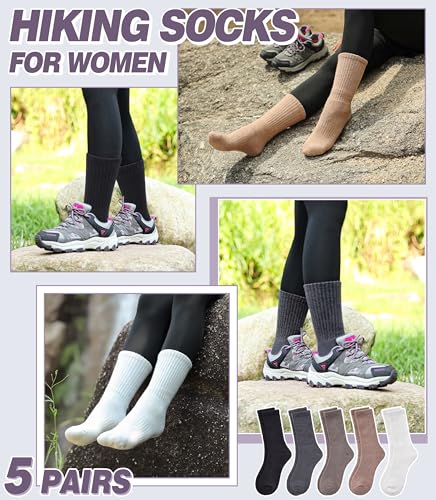 DYW Merino Wool Hiking Socks for Women & Men - Thermal Warm Winter Crew Cushion 5 Pairs - Black/Gray/White/Khaki/Coffee, Medium