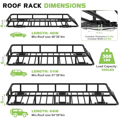 Heavy Duty Roof Basket Cargo Rack - 64" x 39" - Black