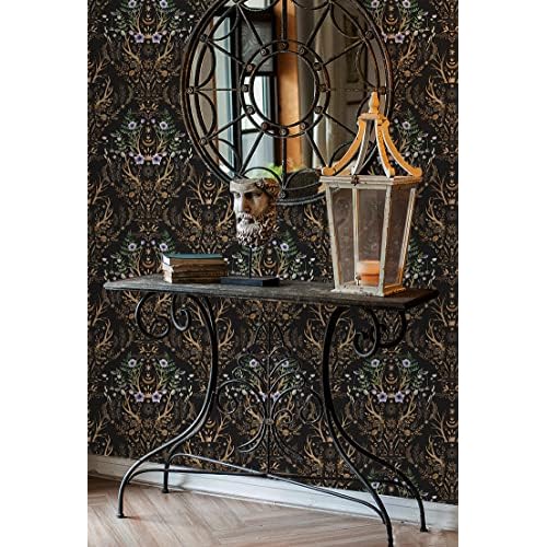 HAOKHOME Gothic Wallpaper Peel and Stick Retro Floral Damask Bronze/Black/Purple Witchy Wall Decor Bathroom Removable Mural 17.7in x 6.5ft