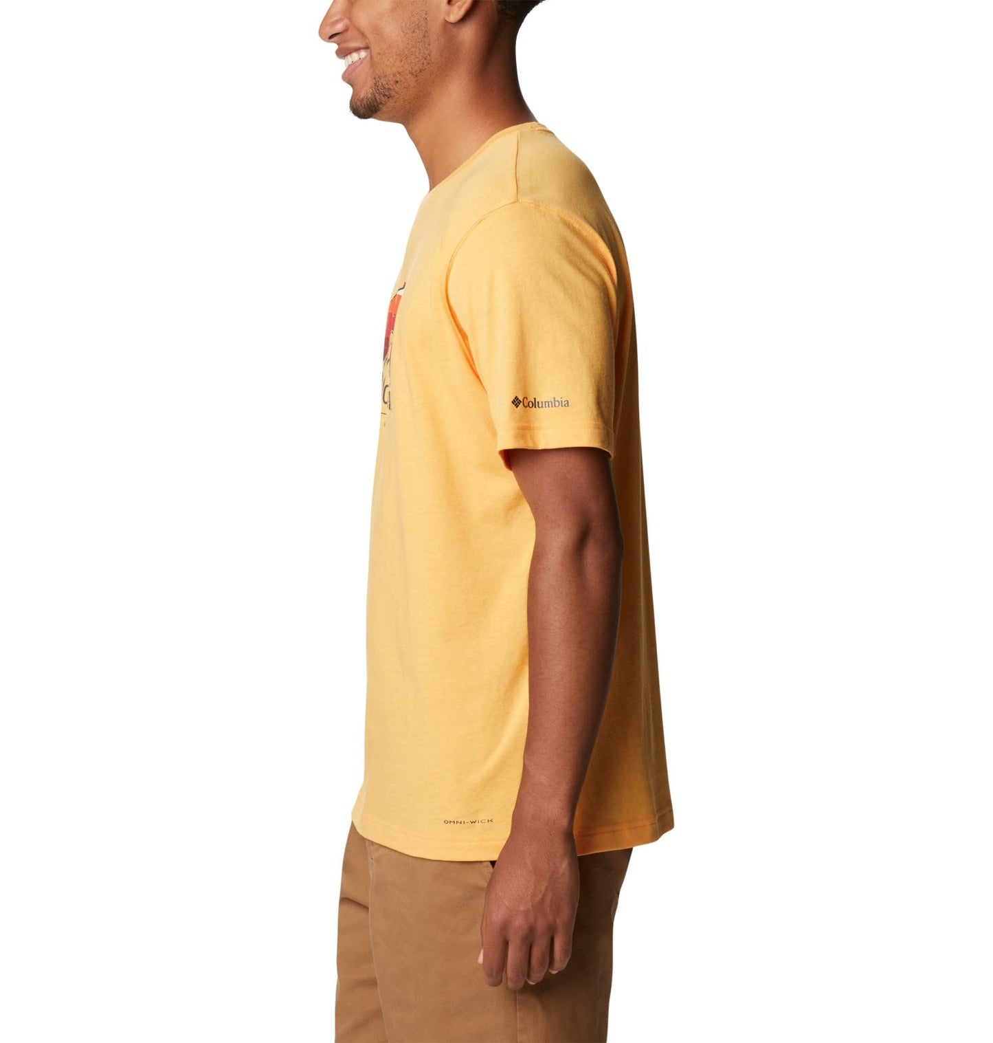 Columbia Men's Thistletown Hills Graphic Short Sleeve, Mango Heather/Hikers Graphic, Medium