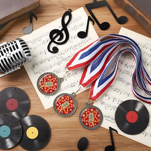 24 Red Microphone Medal Awards with Neck Ribbons for Music & Speech Competitions
