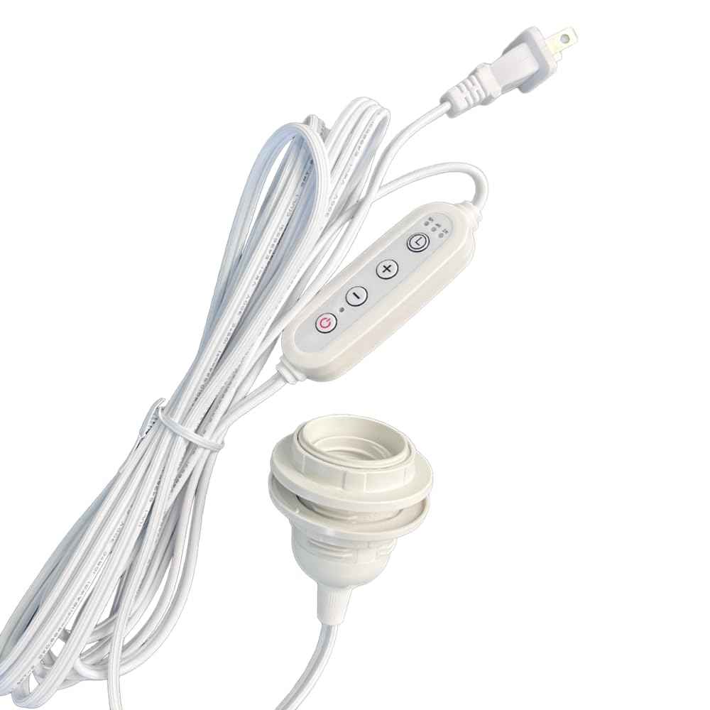 Pendant Light Cord with E26/E27 Socket, 15FT Extension Cable, Stepless Dimming, 2/4/8H Timer, On/Off Switch, Lampshade Holder – Hanging Light Kit for DIY Pendant Lamp, Plug in Pendant Lighting – White