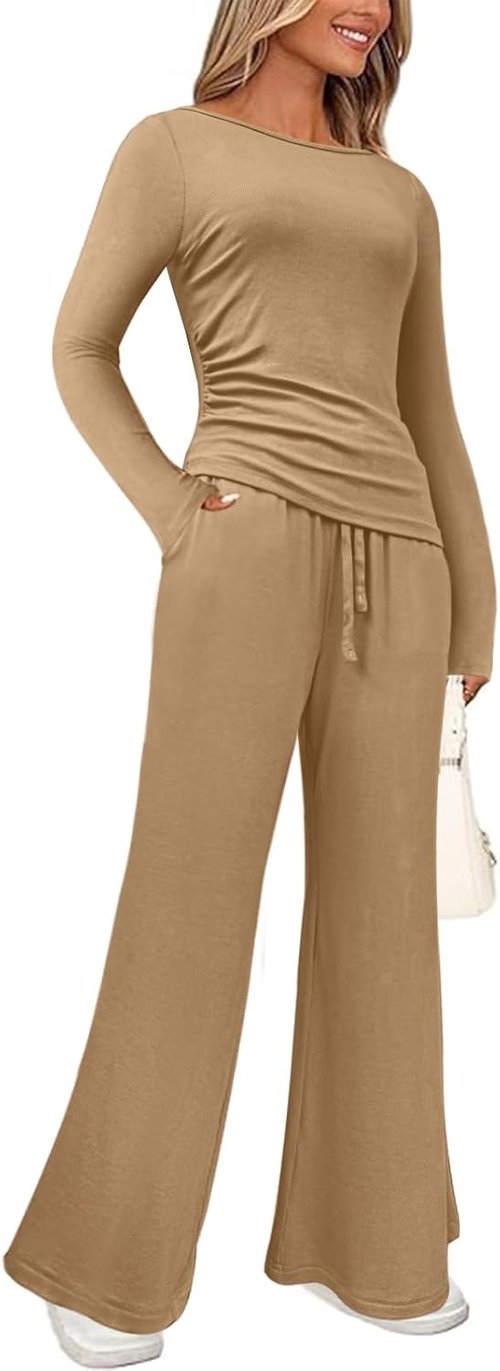 BeautyNee 2-Piece Matching Sweatsuit Set - Women's Casual Lounge Outfit with Wide Leg Pants & Crop Top in Khaki