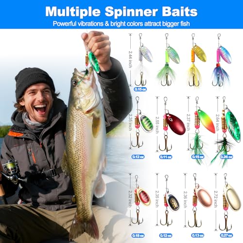 Maufriu 16Pcs Inline Spinner Lures Kit for Trout Bass with Treble Hooks