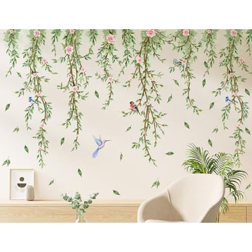 Hanging Vine Wall Decals Removable Birds Green Leaf Wall Stickers Peel and Stick Plants Home Art Decor for Kids Girls Teens Nursery Bedroom Living Room Sofa TV Background Wall