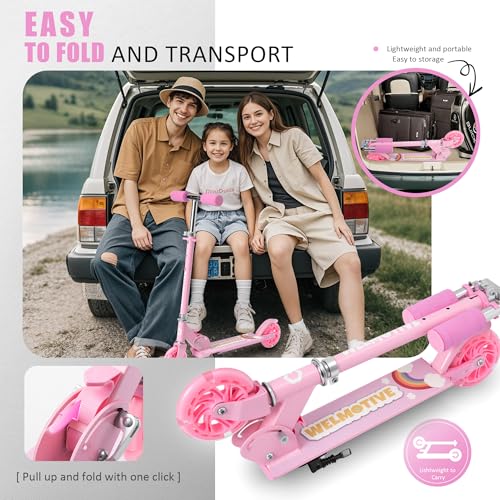 Pink Kids Kick Scooter with LED Light-up Wheels, Adjustable Handlebar, Foldable Aluminum Frame