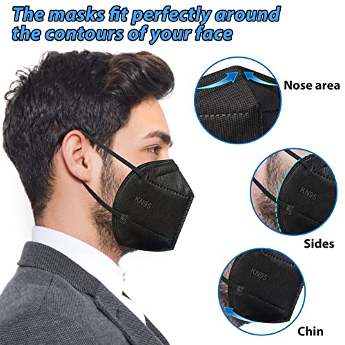 OKIAAS 50 Pack KN95 Face Mask, 5-Layer masks disposable kn95 Black,Face Protection Against PM2.5, Dust, Pollen and Haze, for Women, Men