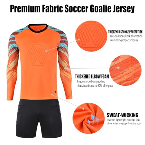 Kids Soccer Goalie Jersey & Shorts Set - Youth Long Sleeve Uniform, Size 13-14 Years, Orange