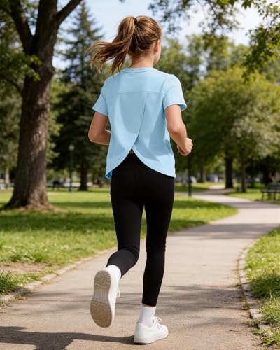 Girls Athletic T-Shirt - Split Open Back, Quick Dry, Blue, 7-8 Years