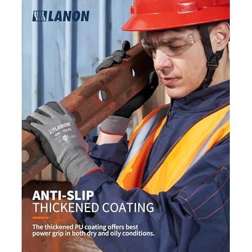 LANON 18 Pairs Safety Work Gloves, Mechanic Working Gloves for Men,Breathable PU Coated, Seamless Knit,Double Wash, Grey, Large