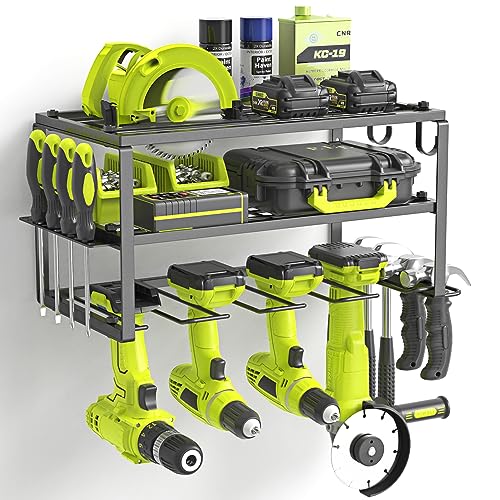 Power Tool Organizer, Heavy Duty Iron, 3 Layers Storage Rack with 4 Drill Holders, Floating Tool Shelf Wall Mounted, Matte Black, Work Shop, Garage, 150Lbs Load Capacity