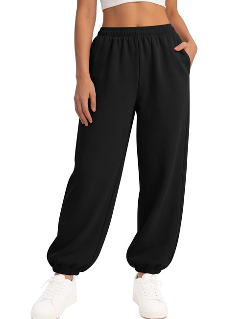 LOMON Sweatpants Women Fleece Joggers Wide Leg Sweat Pants Baggy Gym Workout Sweatpant Winter Spring Inner Drawstring Clothes with Pockets (Black, S)