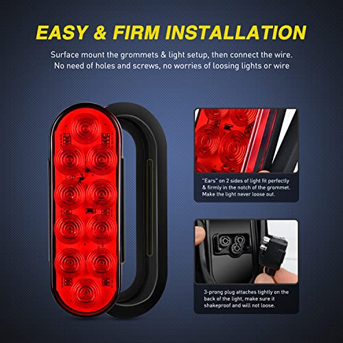 Nilight 6" Oval LED Trailer Tail Lights Red 4 Pack w/ Grommets & 3-Prong Plug