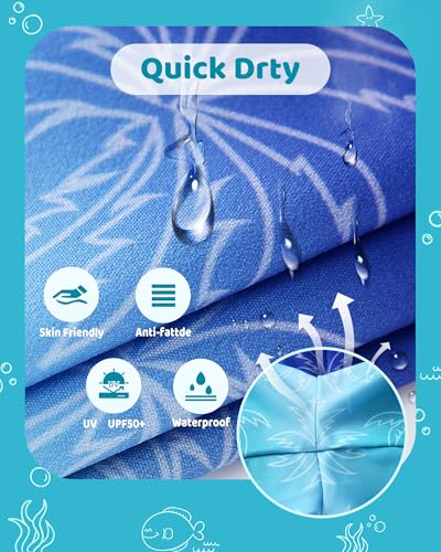 Latnnut Boys Swim Trunks with Compression Liner, Quick-Dry Bathing Suit with Pockets – Blue Coconut Tree, 9-10 Years