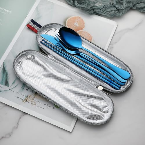 Travel Utensils Set - 5 Piece Portable Silverware with Case - Blue