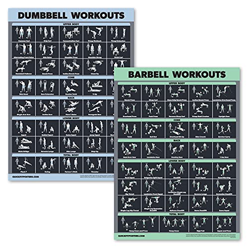 Dumbbell & Barbell Exercise Poster Set - Laminated 2 Pack (18" x 24")