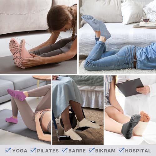 Non-Slip Pilates Socks with Grips for Yoga - 5 Pairs Dark Grey/Blue/Purple/Pink/Beige