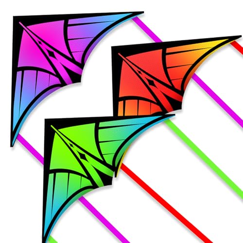 3-Pack Delta Kites for Kids & Adults - Easy to Fly with Bright Gradient Colors