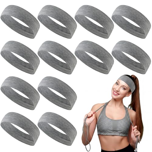 12 Pack Elastic Sweatbands for Women - Light Gray Headbands
