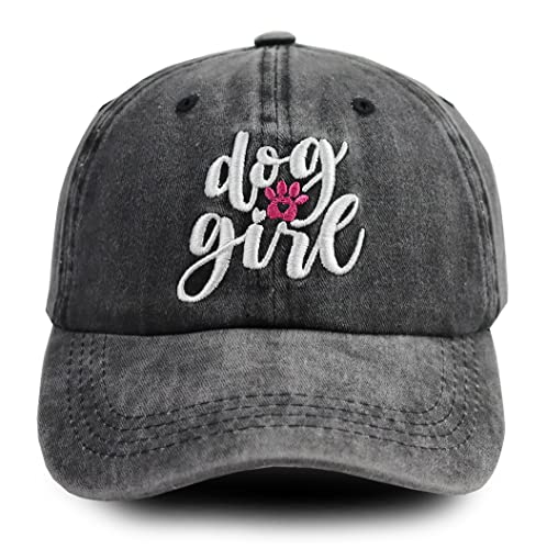Dog Girl Embroidery Baseball Cap - Adjustable Vintage Denim - Black