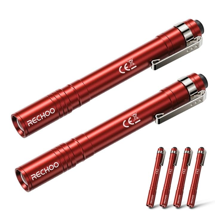 RECHOO LED Pen Light 4 Pack, Lightweight, Small Bright Pen Flashlight with Clip, Waterproof Portable Pocket Flashlight for Home, Emergencies, Inspection, Red (Battery Included)
