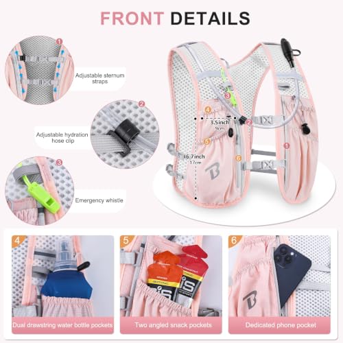 Lightweight Hydration Backpack Running Vest - Pink, 5L with 1.5L Water Bag