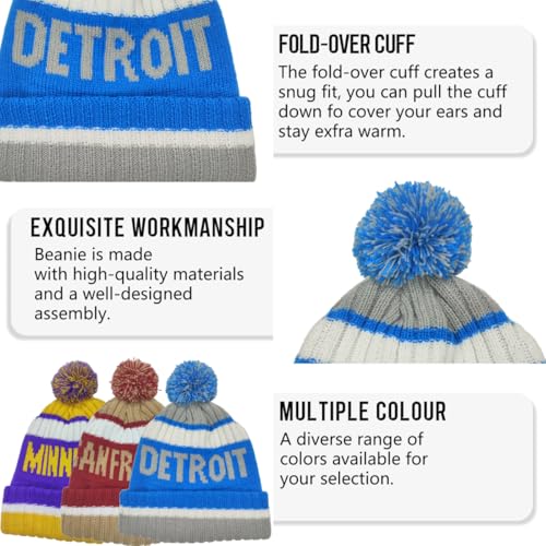 Detroit Beanie Knit Hat with Pom - Winter Cuffed Cap for Fans
