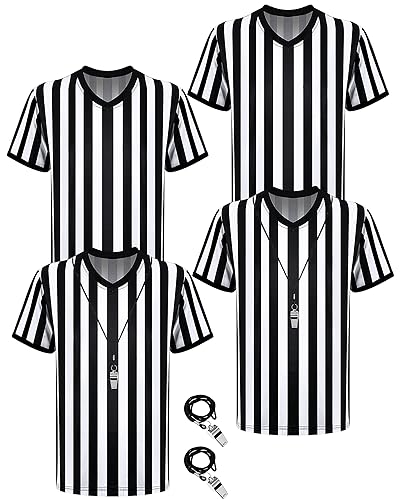 4 Sets Soccer Referee Costume Shirt & Whistle - Adult Large