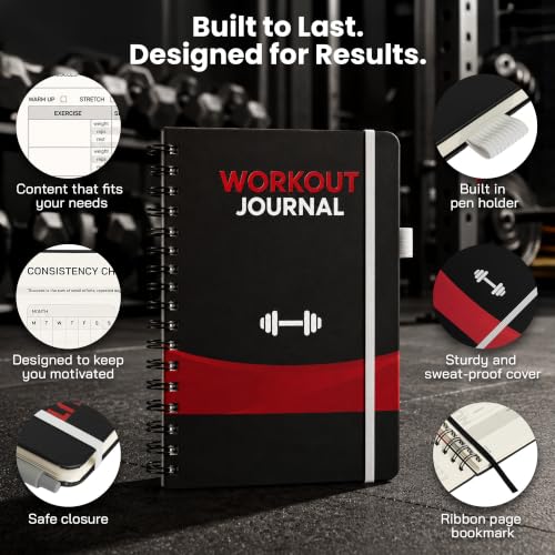 Prazoli 7-in-1 Workout Journal for Men - Red | All-in-One Fitness Log, Nutrition & Goals Tracker