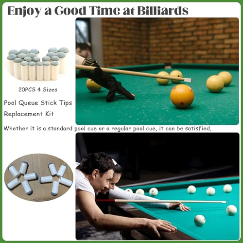 20pcs Slip-On Pool Cue Tips Replacement Kit - 4 Sizes (9mm-13mm)