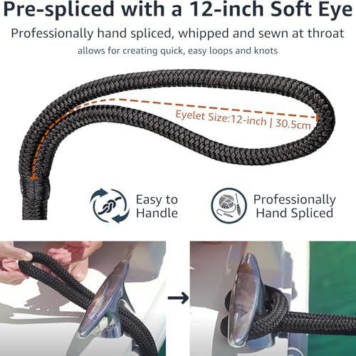 PACTHSD 3/8" x 20' Dock Lines (Pack of 2) - Double Braided Nylon Boat Rope with 12" Eyelet