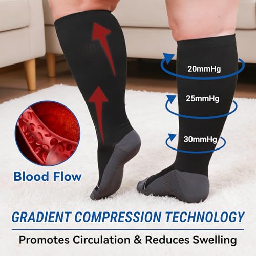 Plus Size Compression Socks 20-30mmHg Wide Calf - 2XL Black