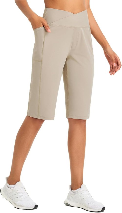 Baleaf Women's Bermuda Long Shorts - High-Waisted Athletic Capris with Pockets | 14" Knee Length, Summer Stretch
