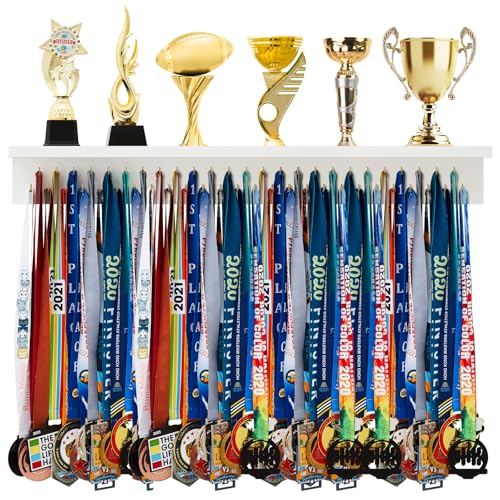 Wooden Medal Hanger Display with 49 Hooks - Trophy Holder Shelf