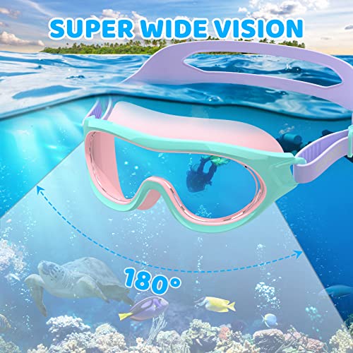 COPOZZ Kids Swim Goggles A4 Green Pink Wide View No Leak Anti-Fog UV Youth Swim Goggles