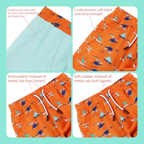 Toddler Boys Swim Trunks with Quick Dry Compression Liner - Boating Dinosaur 14-16