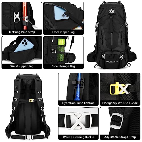 Esup 50L Waterproof Hiking Backpack for Men & Women - Deep Black